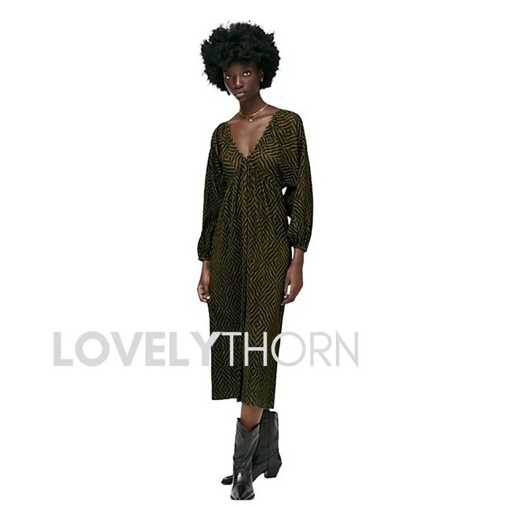 ZARA // silky pleated olive black geo print plunge balloon sleeve midi dress